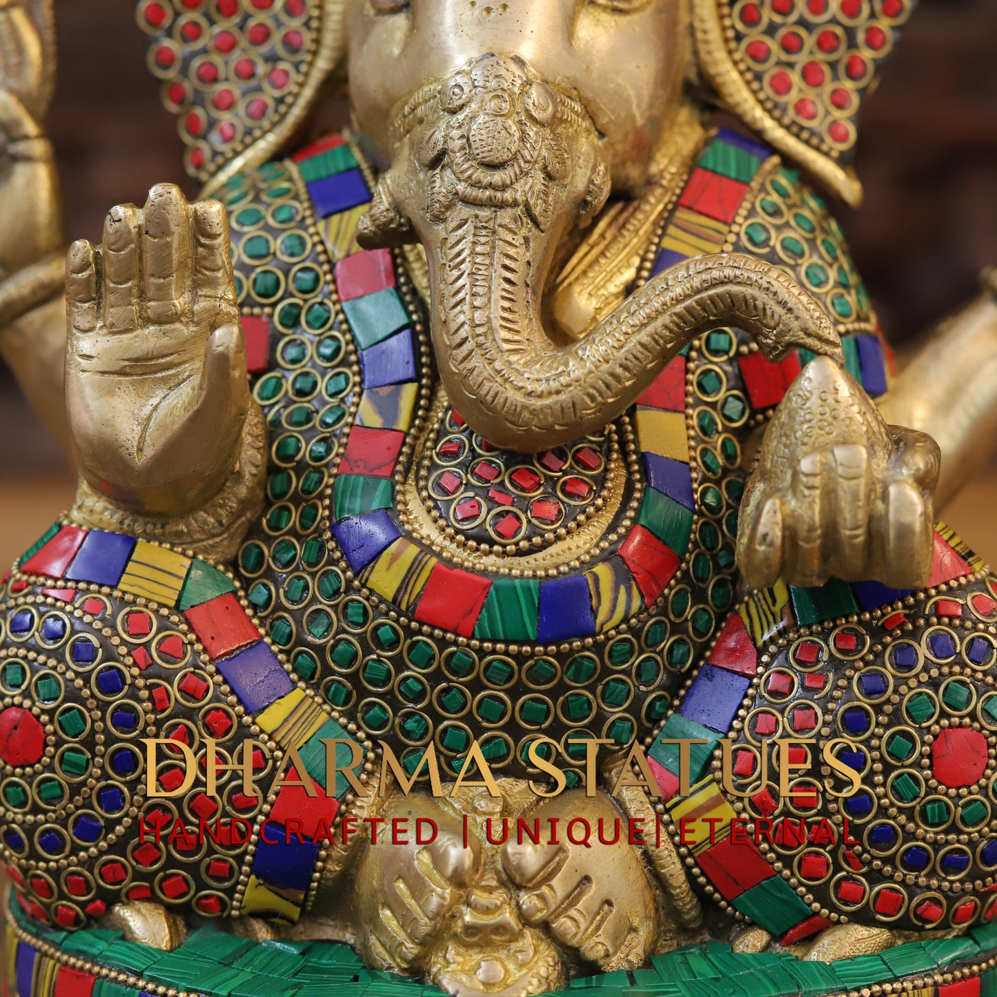 Brass Ganesh seated on Base, Blessing Posture, Golden & Stonework, 12.5"