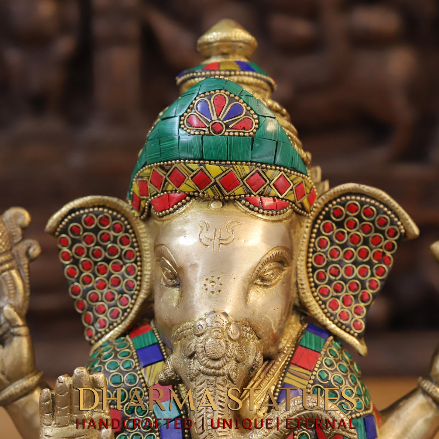 Brass Ganesh seated on Base, Blessing Posture, Golden & Stonework, 12.5"