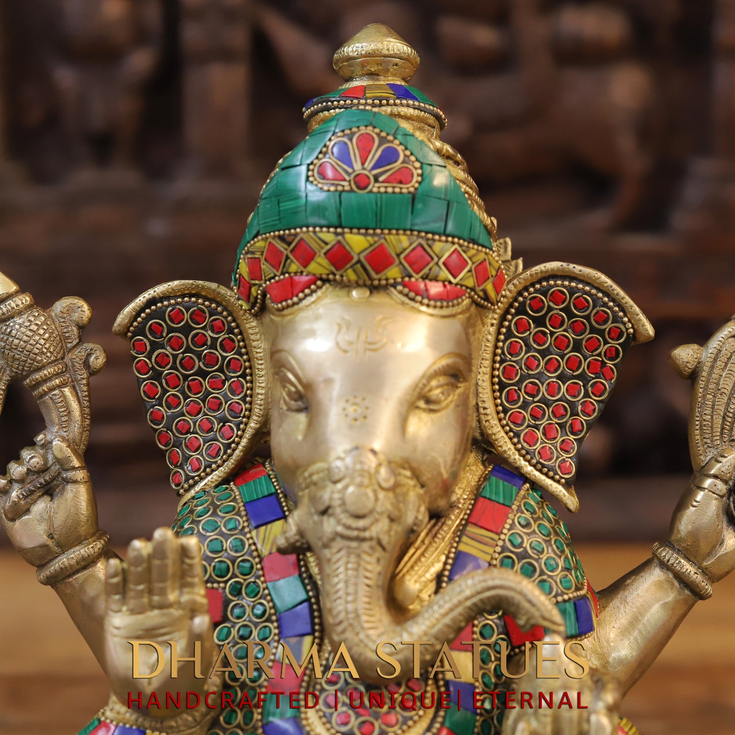 Brass Ganesh seated on Base, Blessing Posture, Golden & Stonework, 12.5"