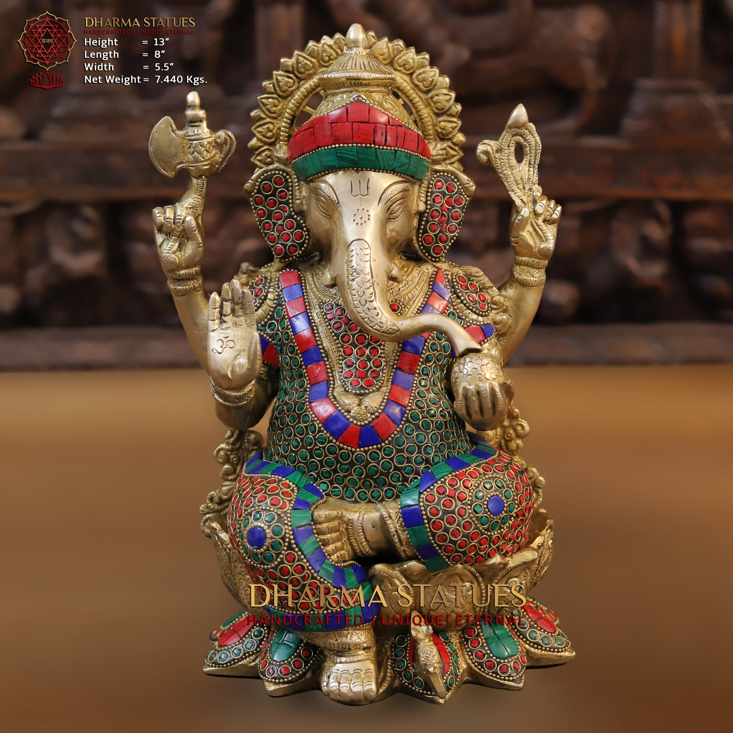 Brass Ganesh seated on Lotus, Blessing Posture, Golden & Stonework, 13"