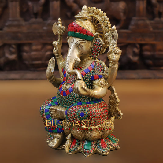 Brass Ganesh seated on Lotus, Blessing Posture, Golden & Stonework, 13"