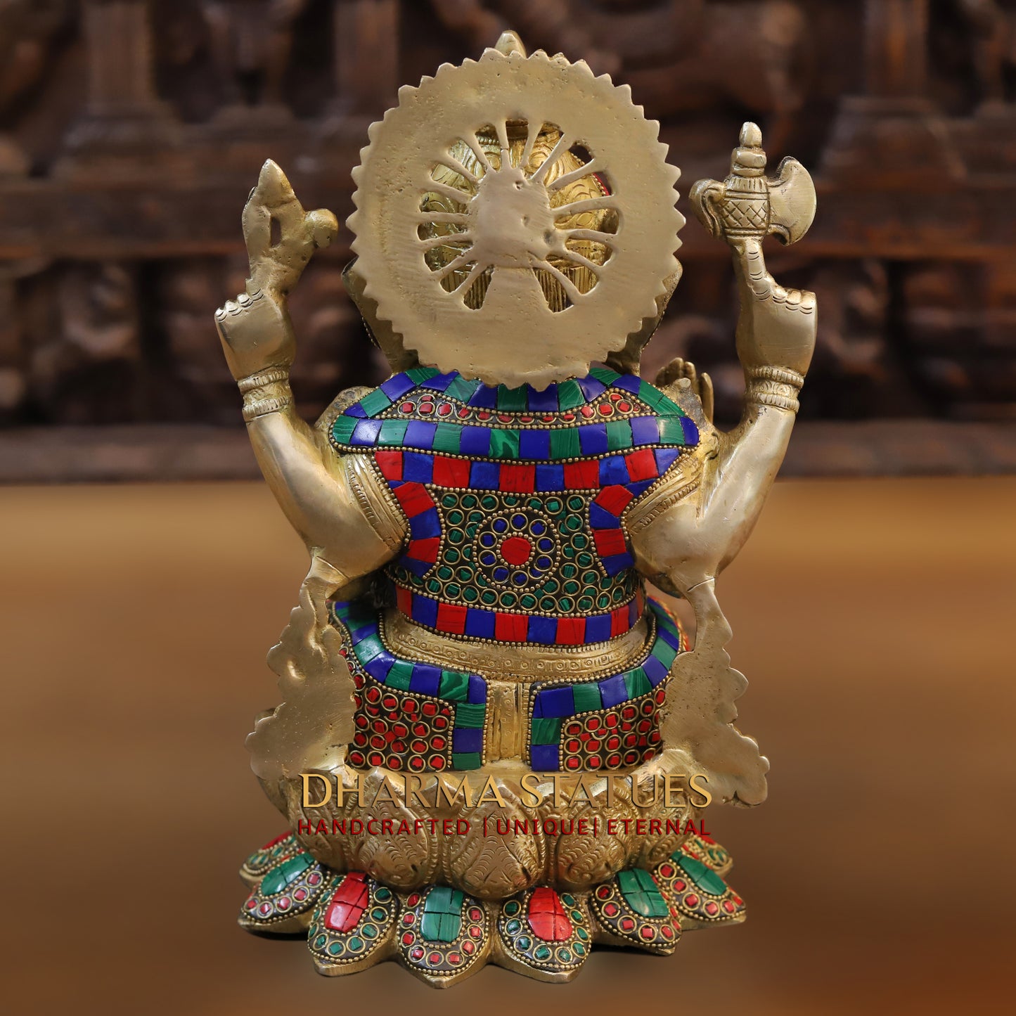 Brass Ganesh seated on Lotus, Blessing Posture, Golden & Stonework, 13"