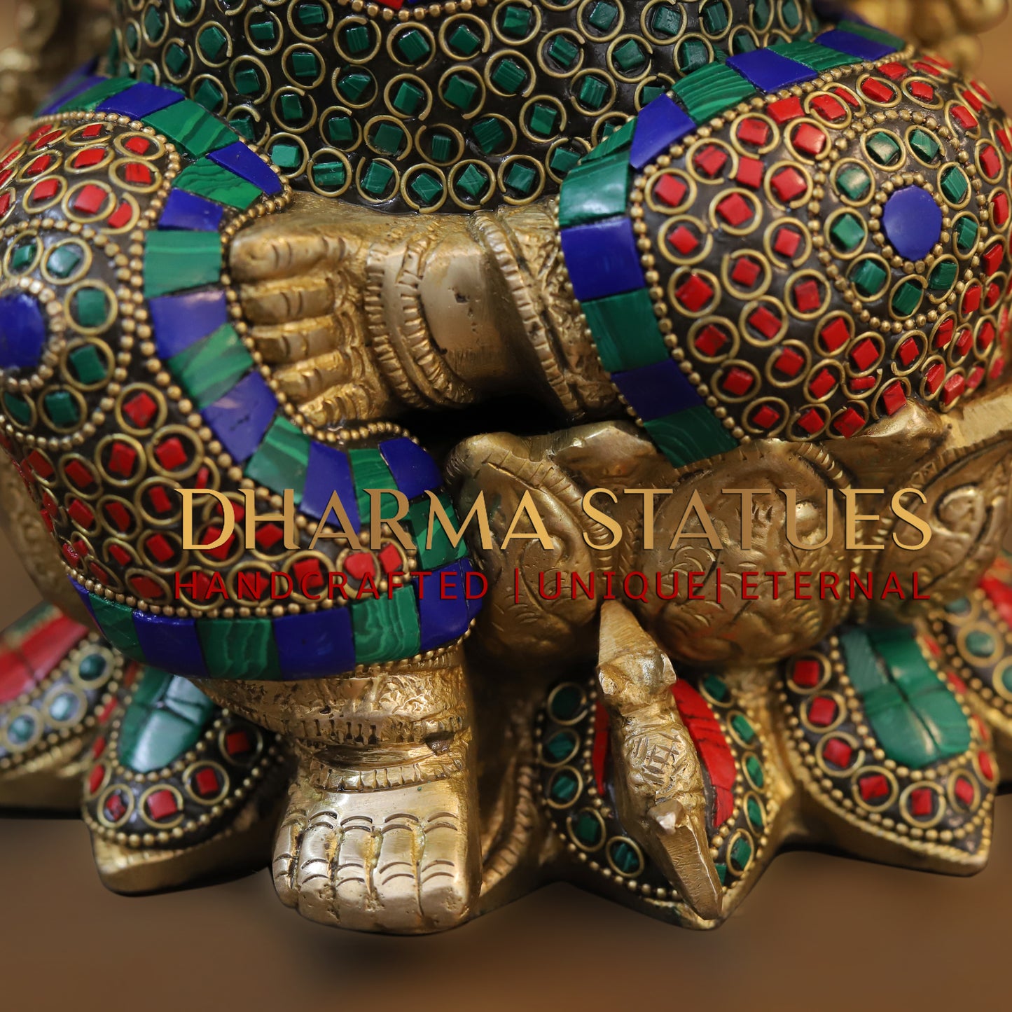 Brass Ganesh seated on Lotus, Blessing Posture, Golden & Stonework, 13"