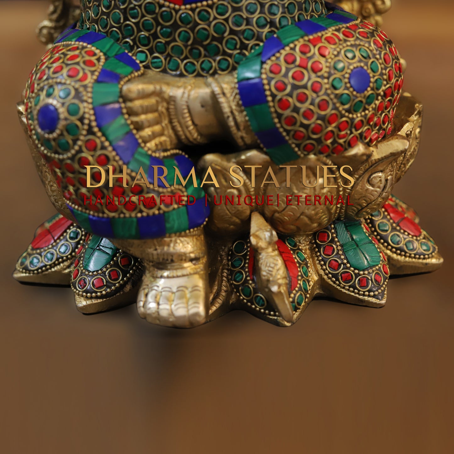 Brass Ganesh seated on Lotus, Blessing Posture, Golden & Stonework, 13"