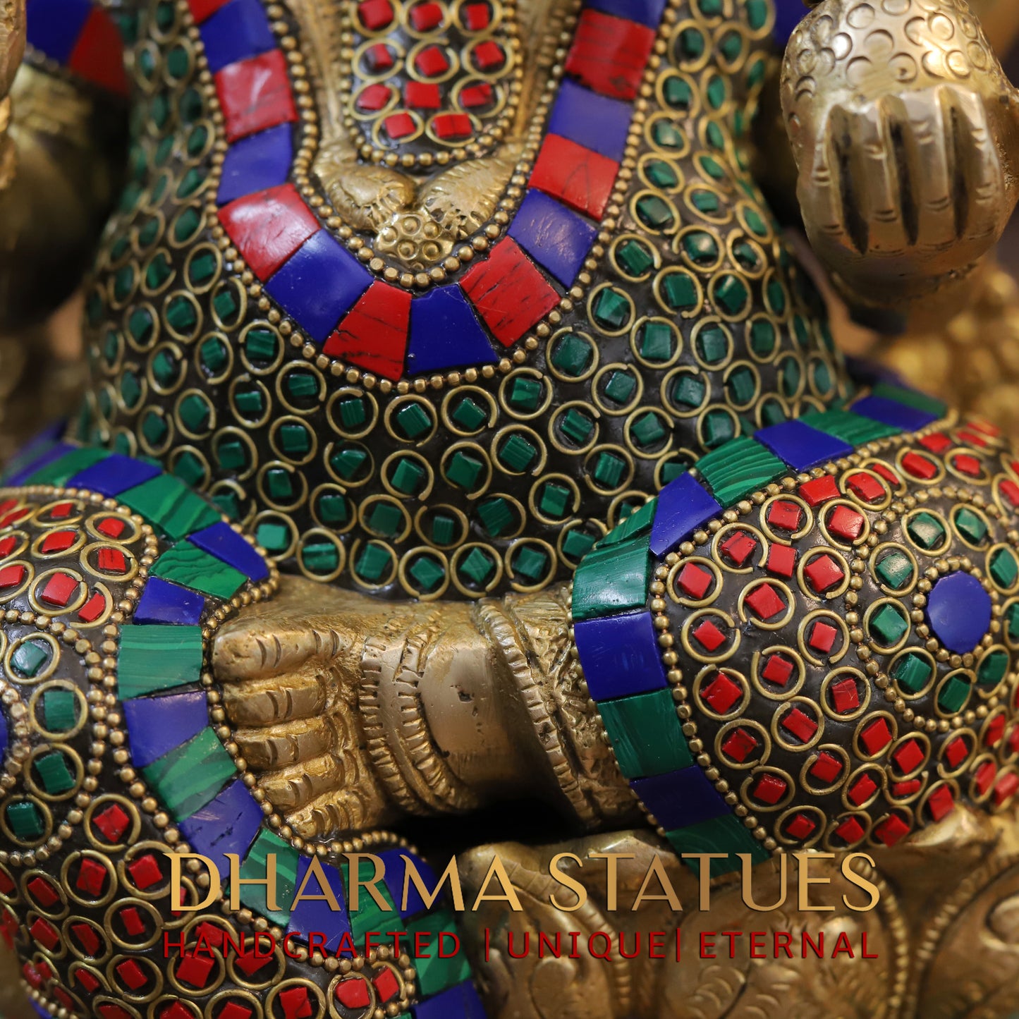 Brass Ganesh seated on Lotus, Blessing Posture, Golden & Stonework, 13"