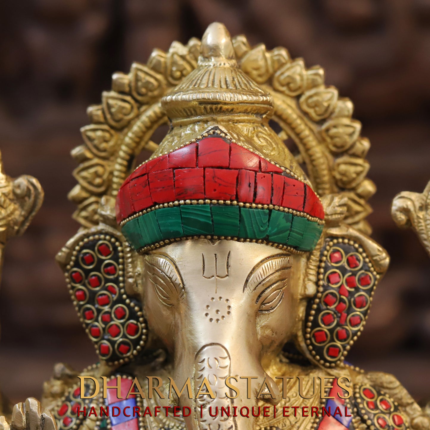 Brass Ganesh seated on Lotus, Blessing Posture, Golden & Stonework, 13"