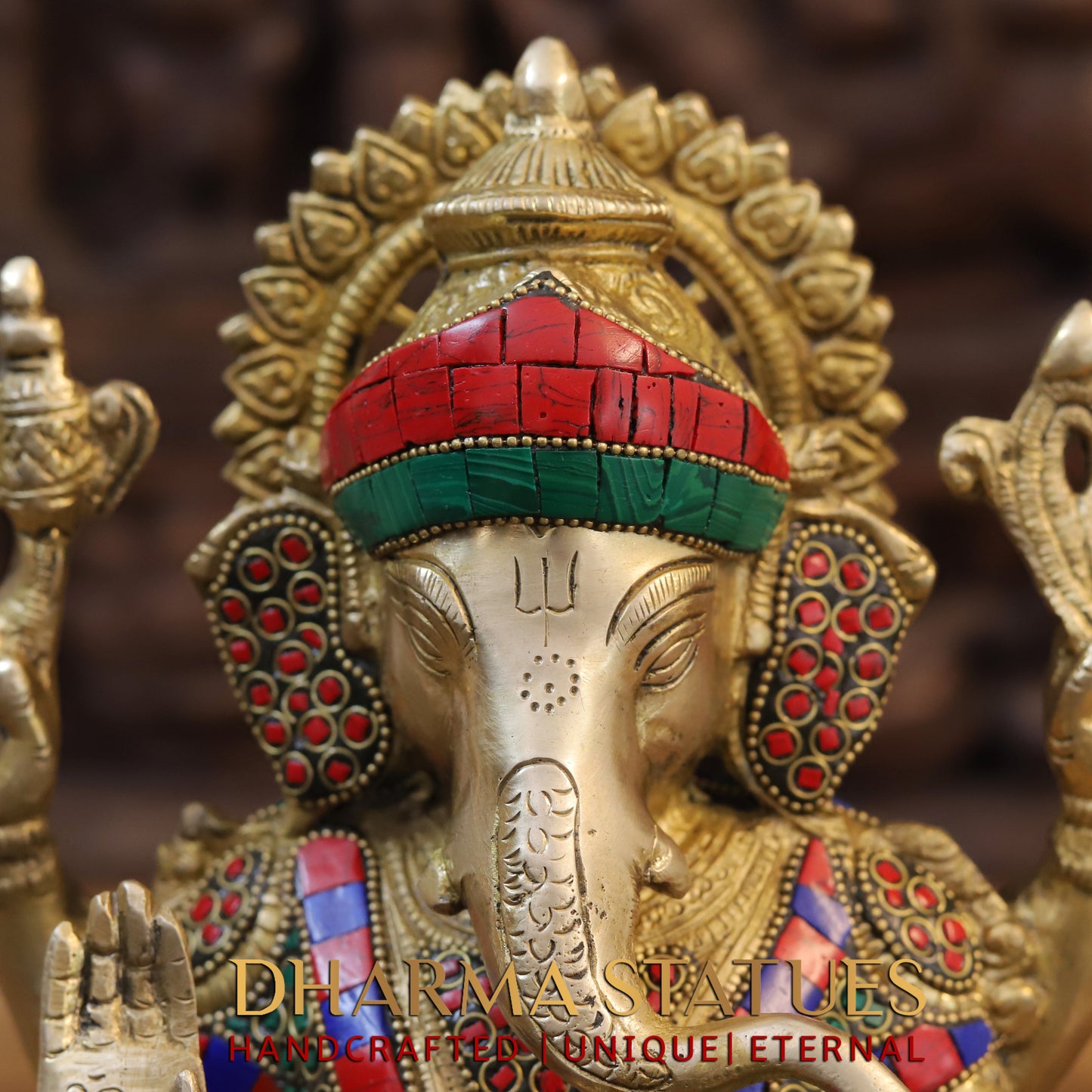 Brass Ganesh seated on Lotus, Blessing Posture, Golden & Stonework, 13"