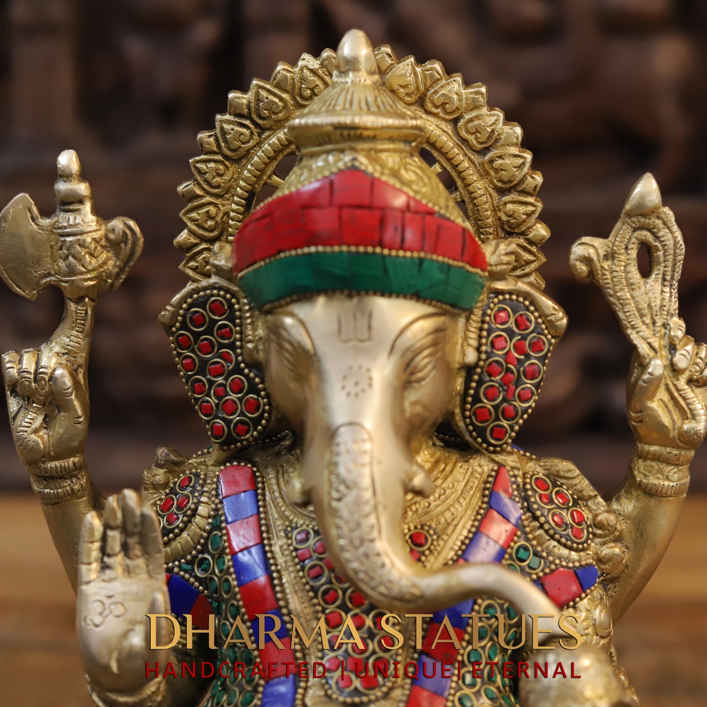 Brass Ganesh seated on Lotus, Blessing Posture, Golden & Stonework, 13"