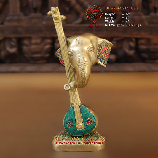 Brass Ganesh Modern with Veena, Golden & StoneWork, 12"