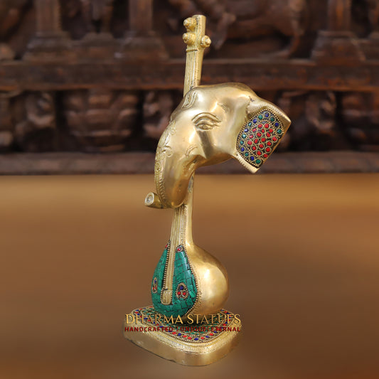 Brass Ganesh Modern with Veena, Golden & StoneWork, 12"