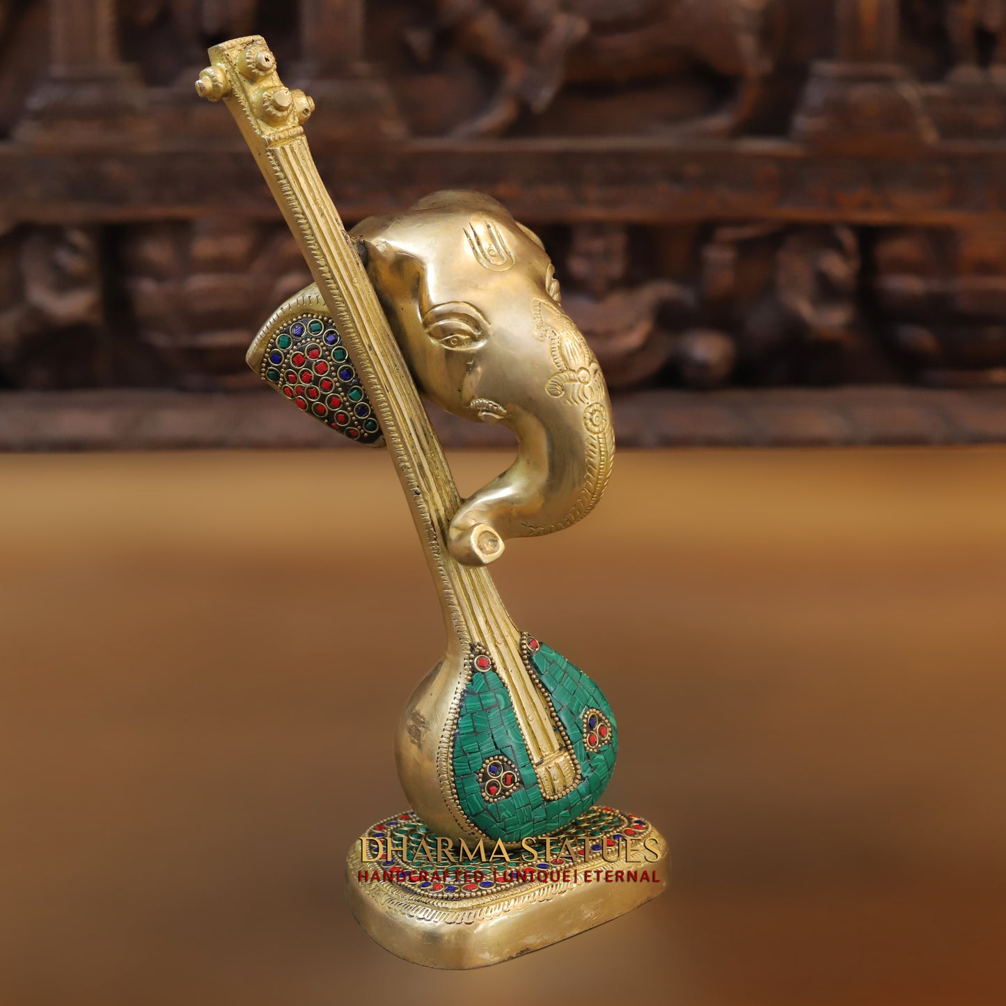 Brass Ganesh Modern with Veena, Golden & StoneWork, 12"