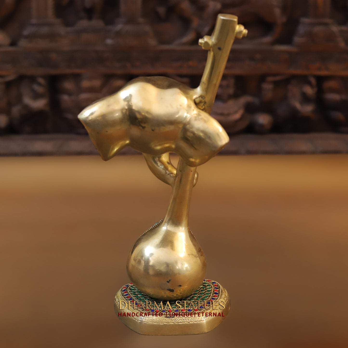 Brass Ganesh Modern with Veena, Golden & StoneWork, 12"