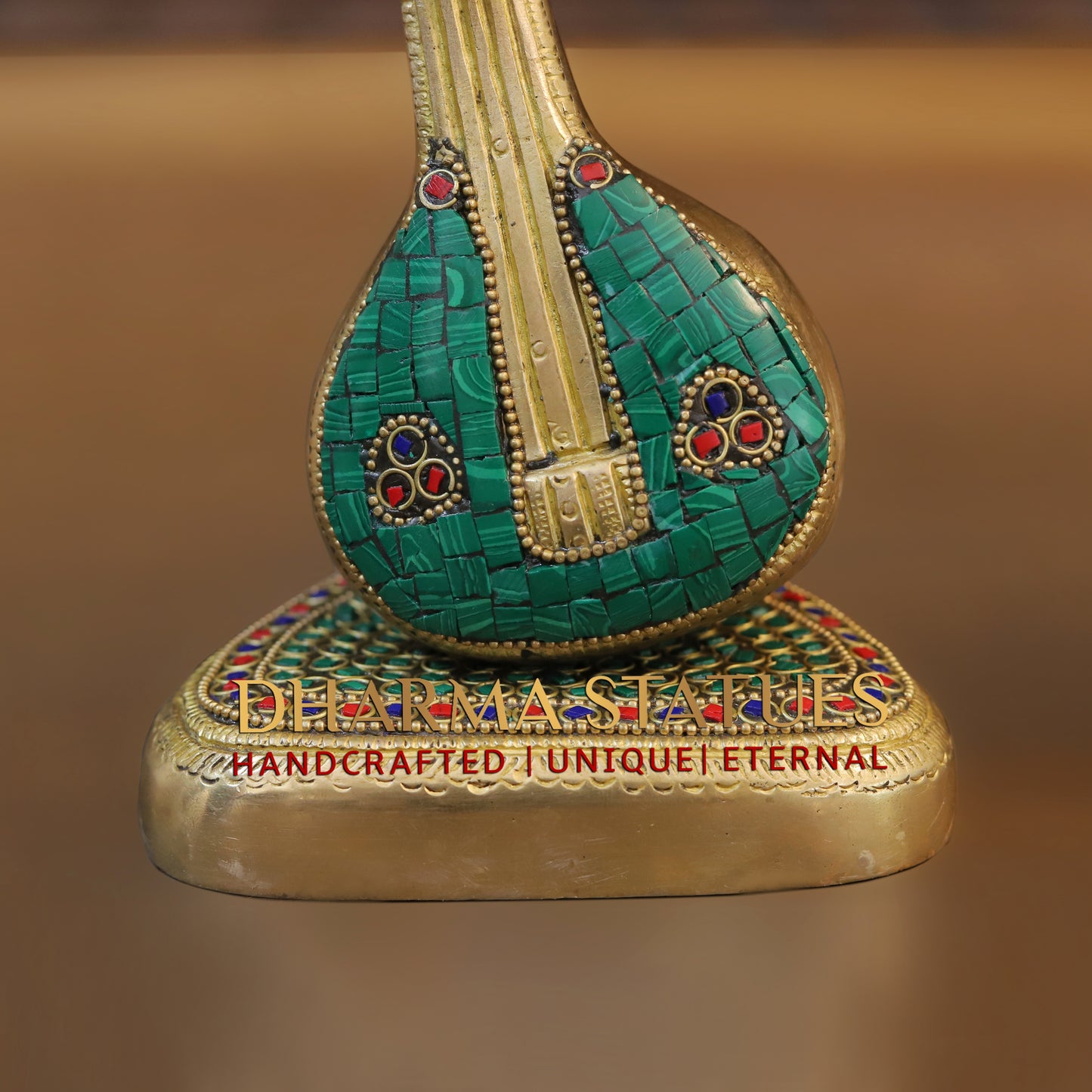 Brass Ganesh Modern with Veena, Golden & StoneWork, 12"