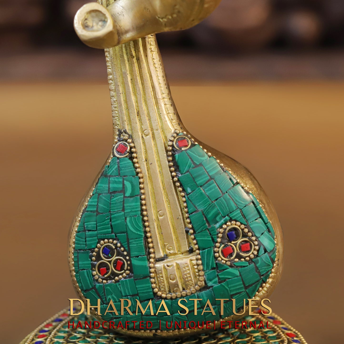 Brass Ganesh Modern with Veena, Golden & StoneWork, 12"