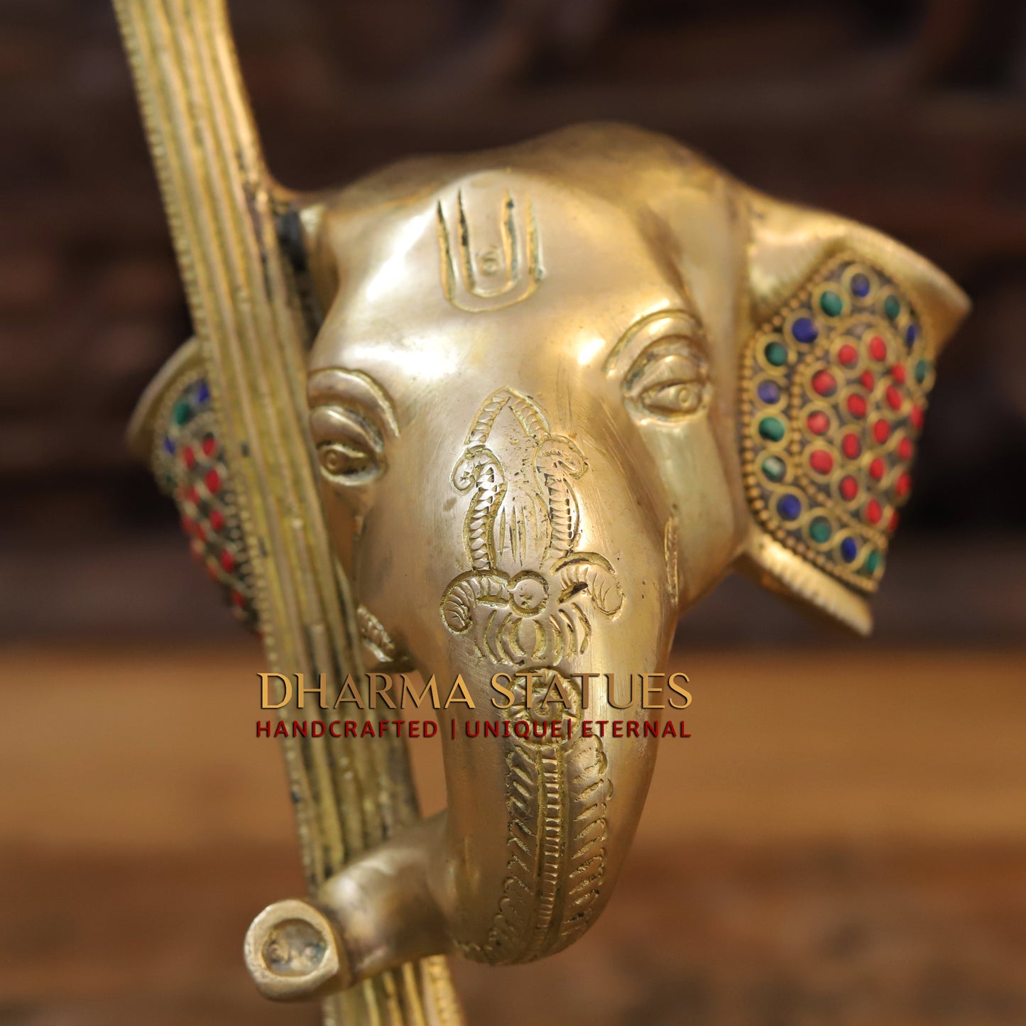 Brass Ganesh Modern with Veena, Golden & StoneWork, 12"