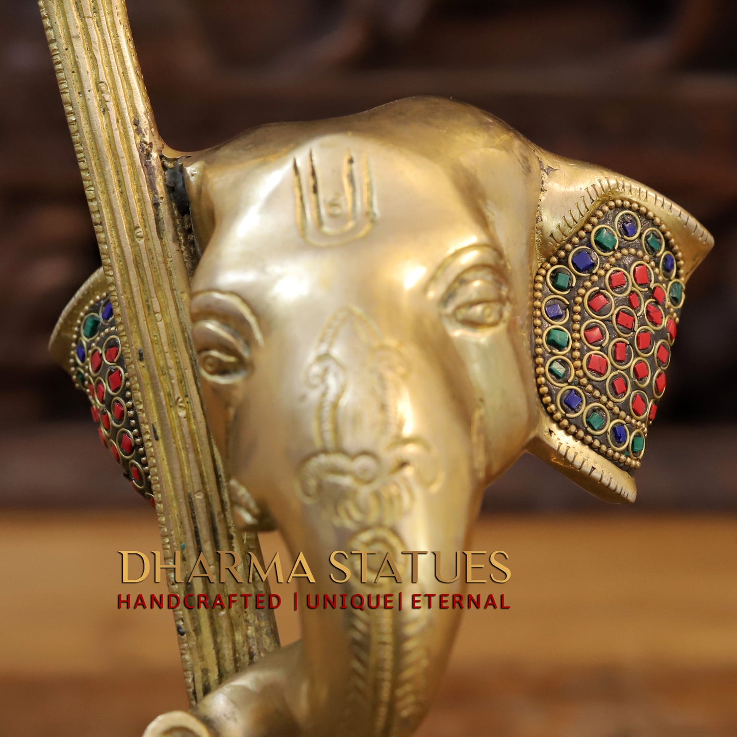 Brass Ganesh Modern with Veena, Golden & StoneWork, 12"