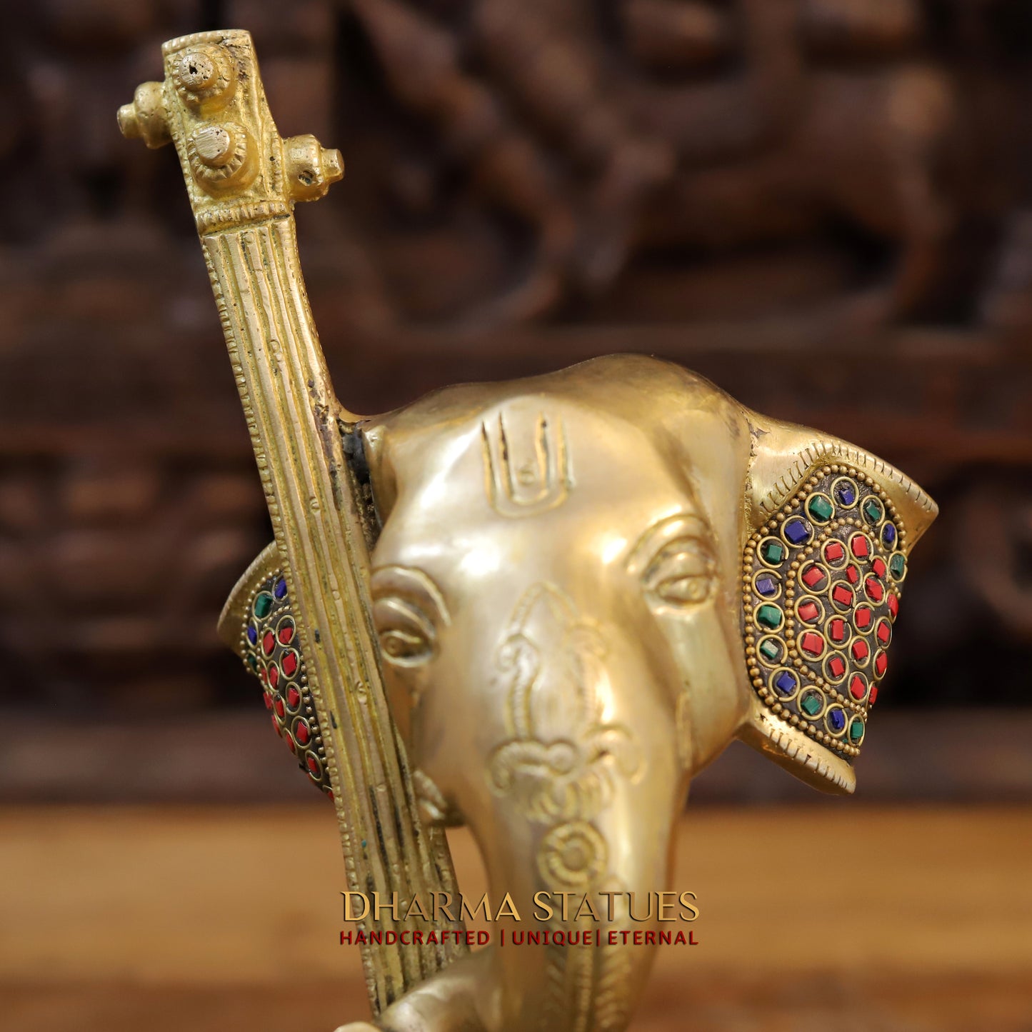 Brass Ganesh Modern with Veena, Golden & StoneWork, 12"