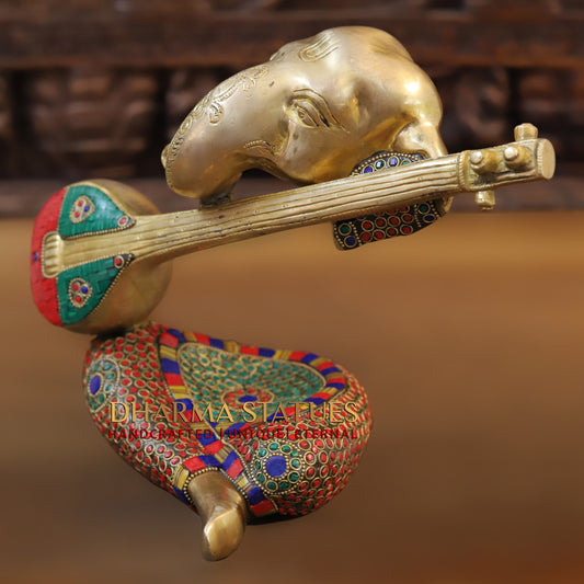 Brass Modern Ganesh with Veena, Golden & Stonework, 8.5"