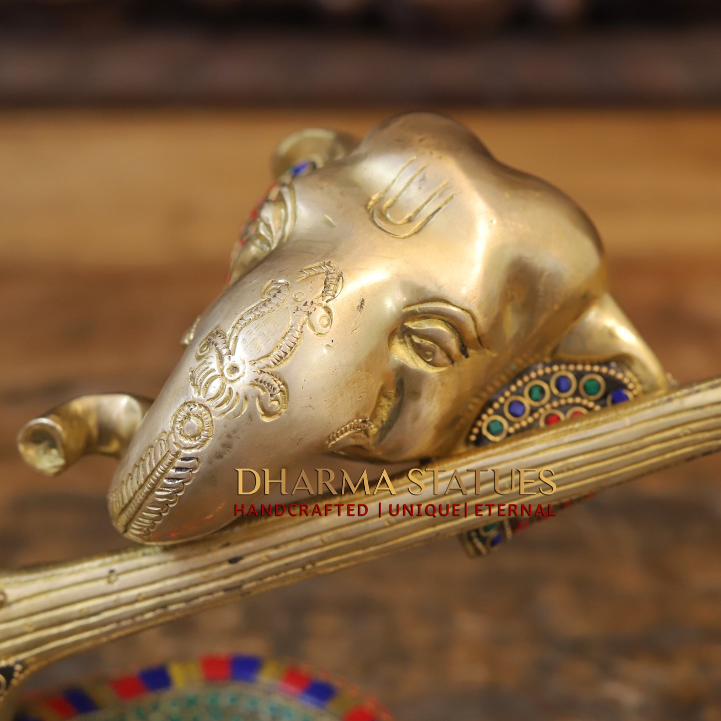 Brass Modern Ganesh with Veena, Golden & Stonework, 8.5"