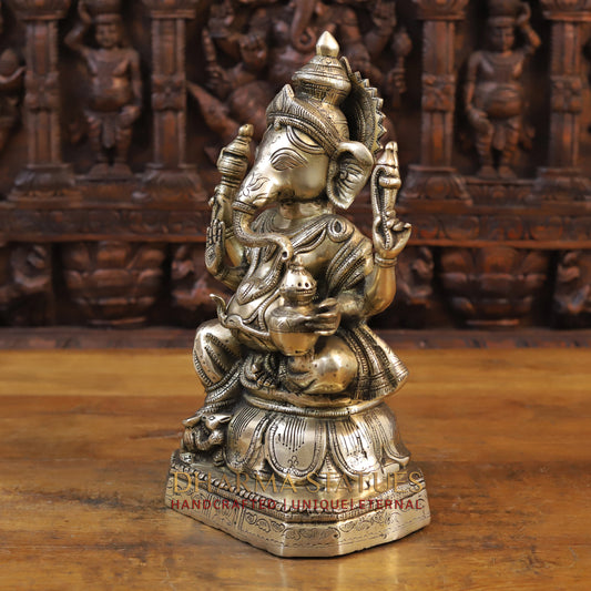 Brass Ganesh Idol, Seated on a Lotus Base, Fine Golden Finish 15"