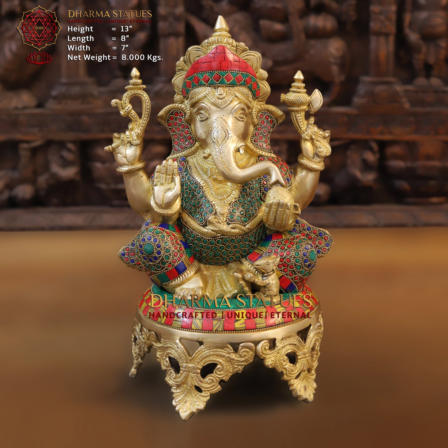 Brass Ganesh seated on Chowki. Blessing Posture, Golden & Stonework, 13"