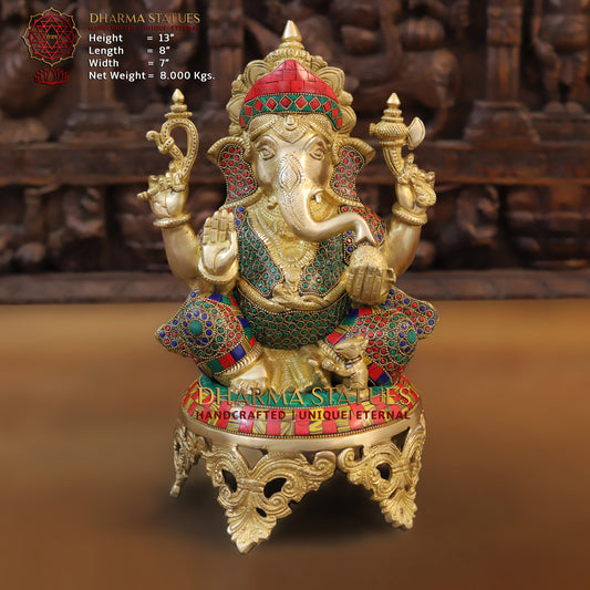 Brass Ganesh seated on Chowki. Blessing Posture, Golden & Stonework, 13"
