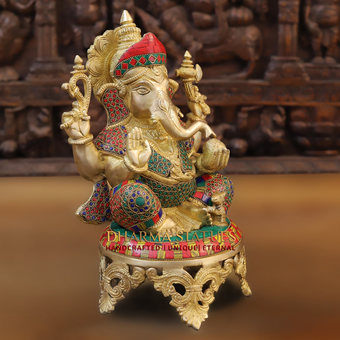 Brass Ganesh seated on Chowki. Blessing Posture, Golden & Stonework, 13"