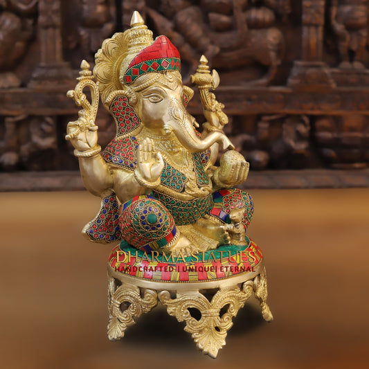 Brass Ganesh seated on Chowki. Blessing Posture, Golden & Stonework, 13"