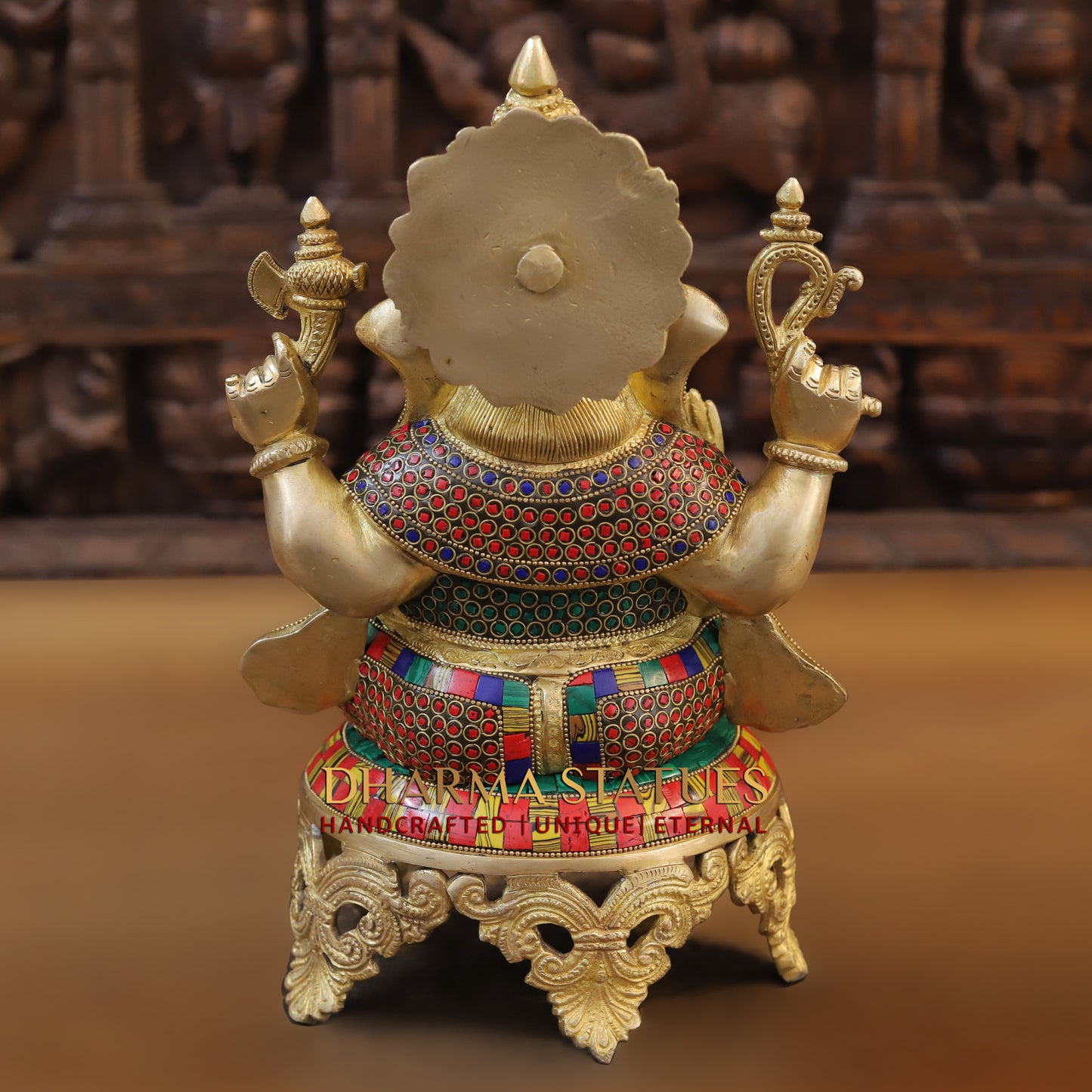 Brass Ganesh seated on Chowki. Blessing Posture, Golden & Stonework, 13"