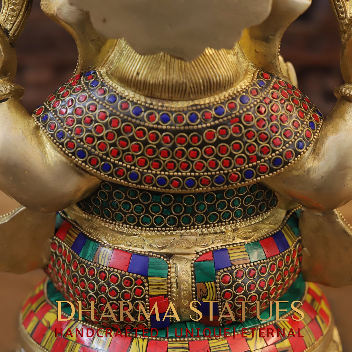 Brass Ganesh seated on Chowki. Blessing Posture, Golden & Stonework, 13"