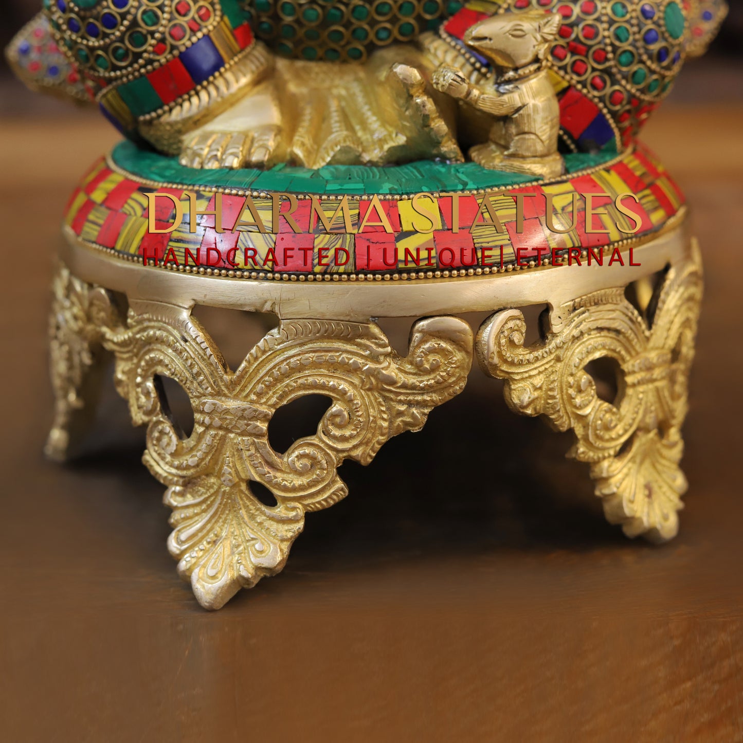 Brass Ganesh seated on Chowki. Blessing Posture, Golden & Stonework, 13"