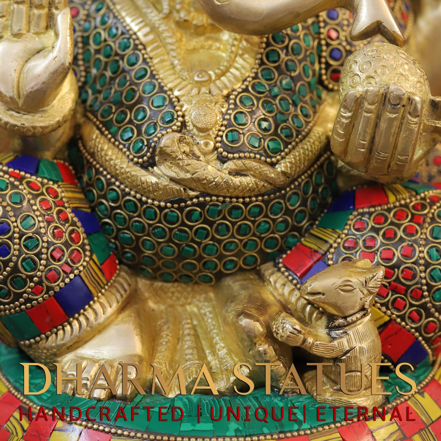 Brass Ganesh seated on Chowki. Blessing Posture, Golden & Stonework, 13"