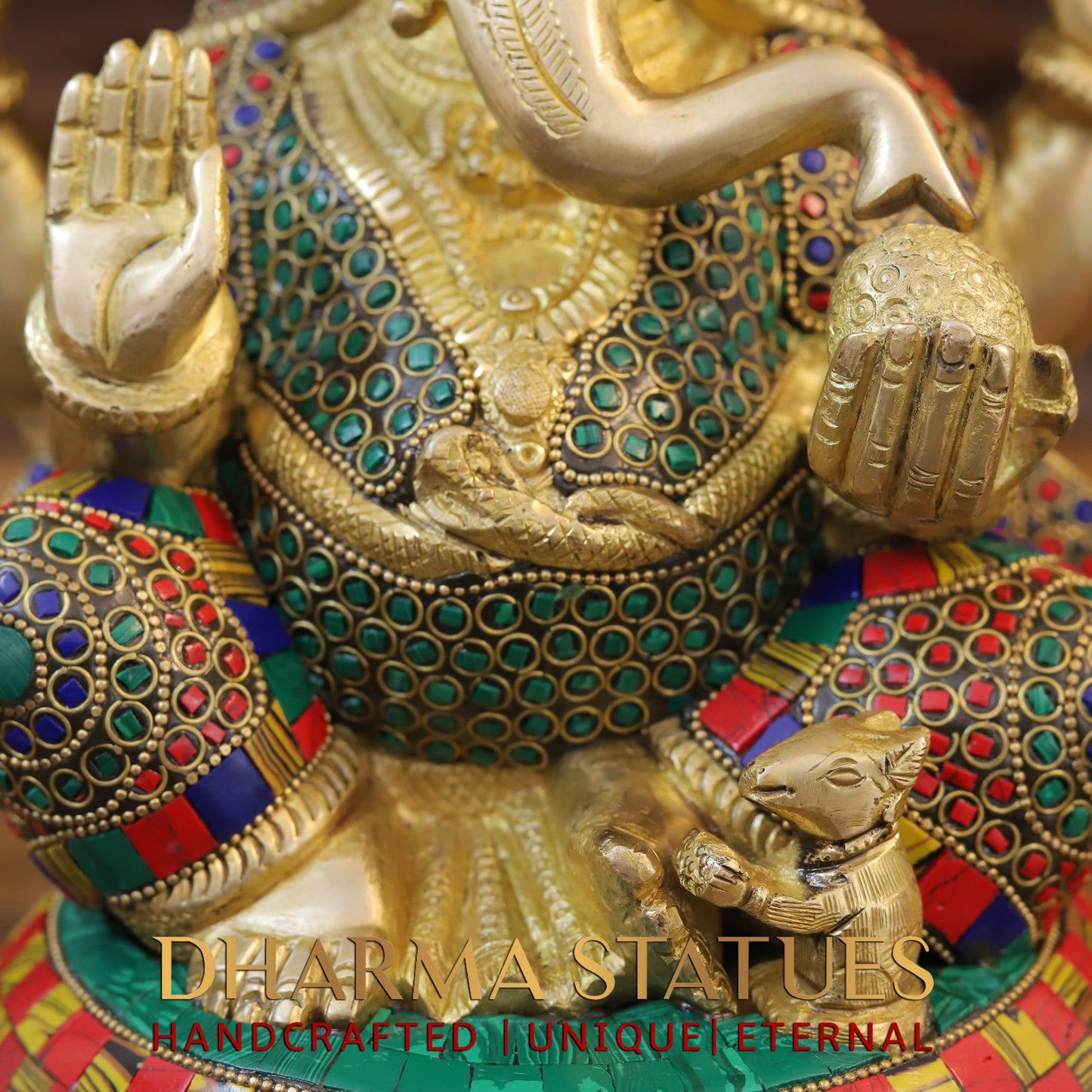 Brass Ganesh seated on Chowki. Blessing Posture, Golden & Stonework, 13"