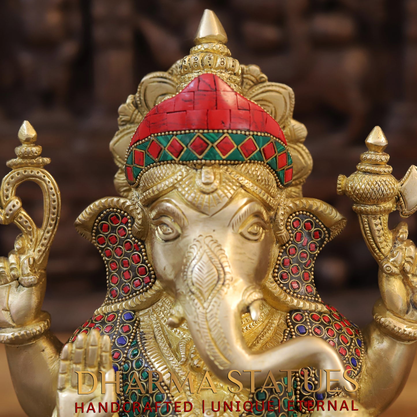 Brass Ganesh seated on Chowki. Blessing Posture, Golden & Stonework, 13"