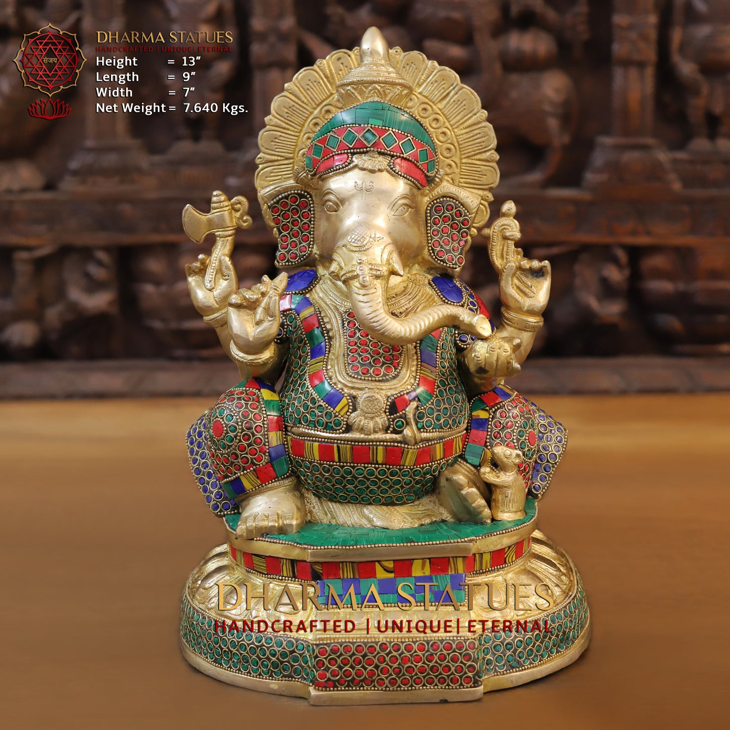 Brass Ganesh seated on Base, Golden & Stonework, 13"