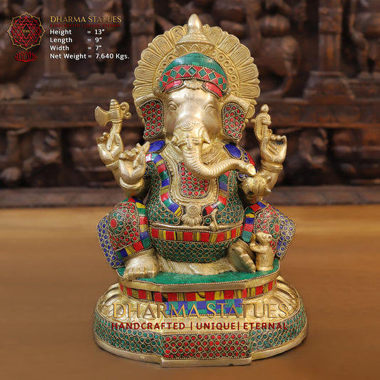 Brass Ganesh seated on Base, Golden & Stonework, 13"