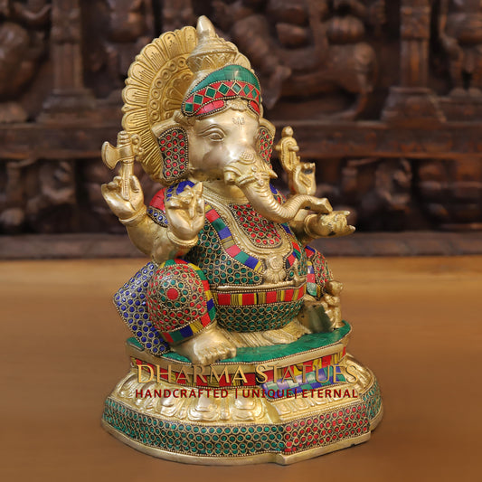 Brass Ganesh seated on Base, Golden & Stonework, 13"