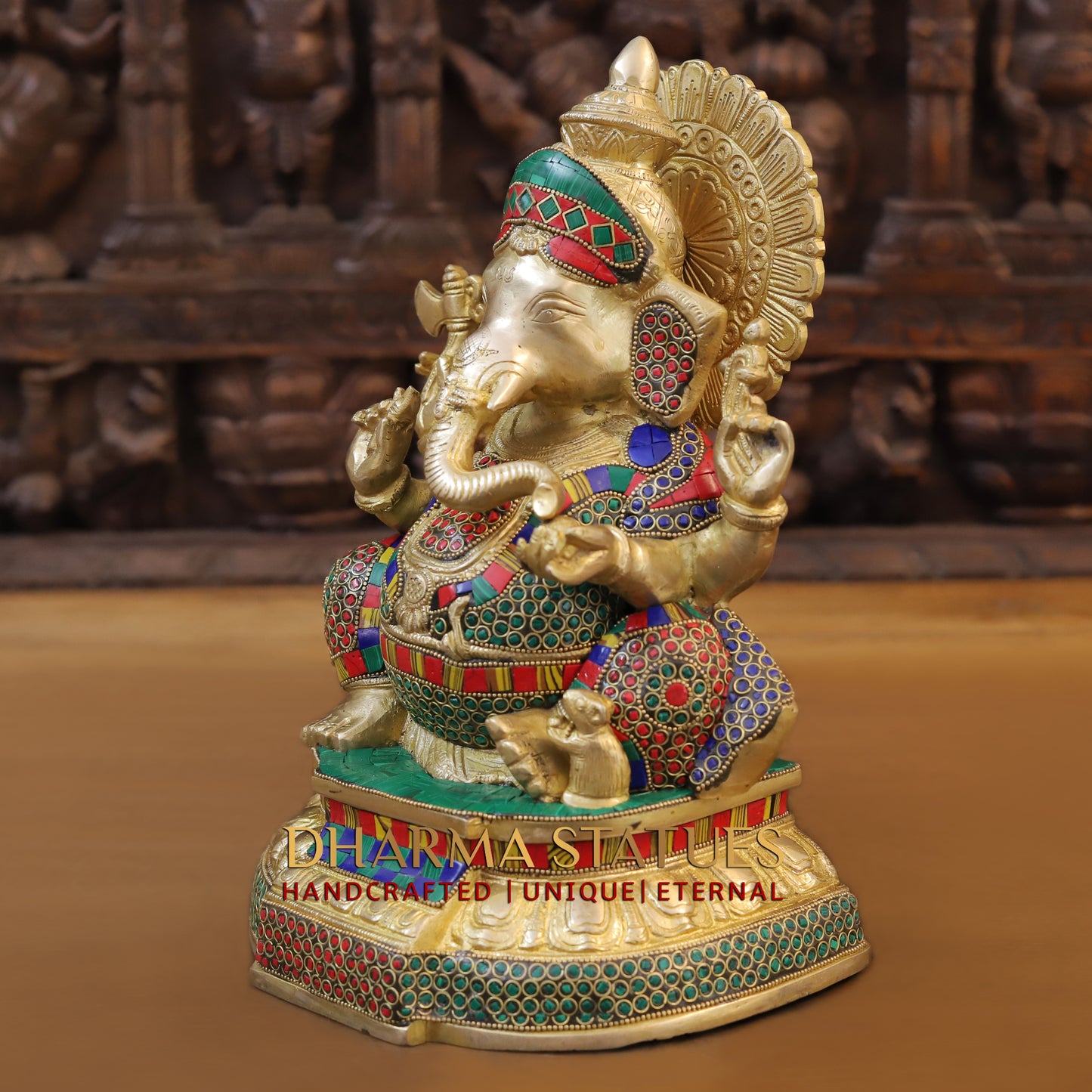 Brass Ganesh seated on Base, Golden & Stonework, 13"