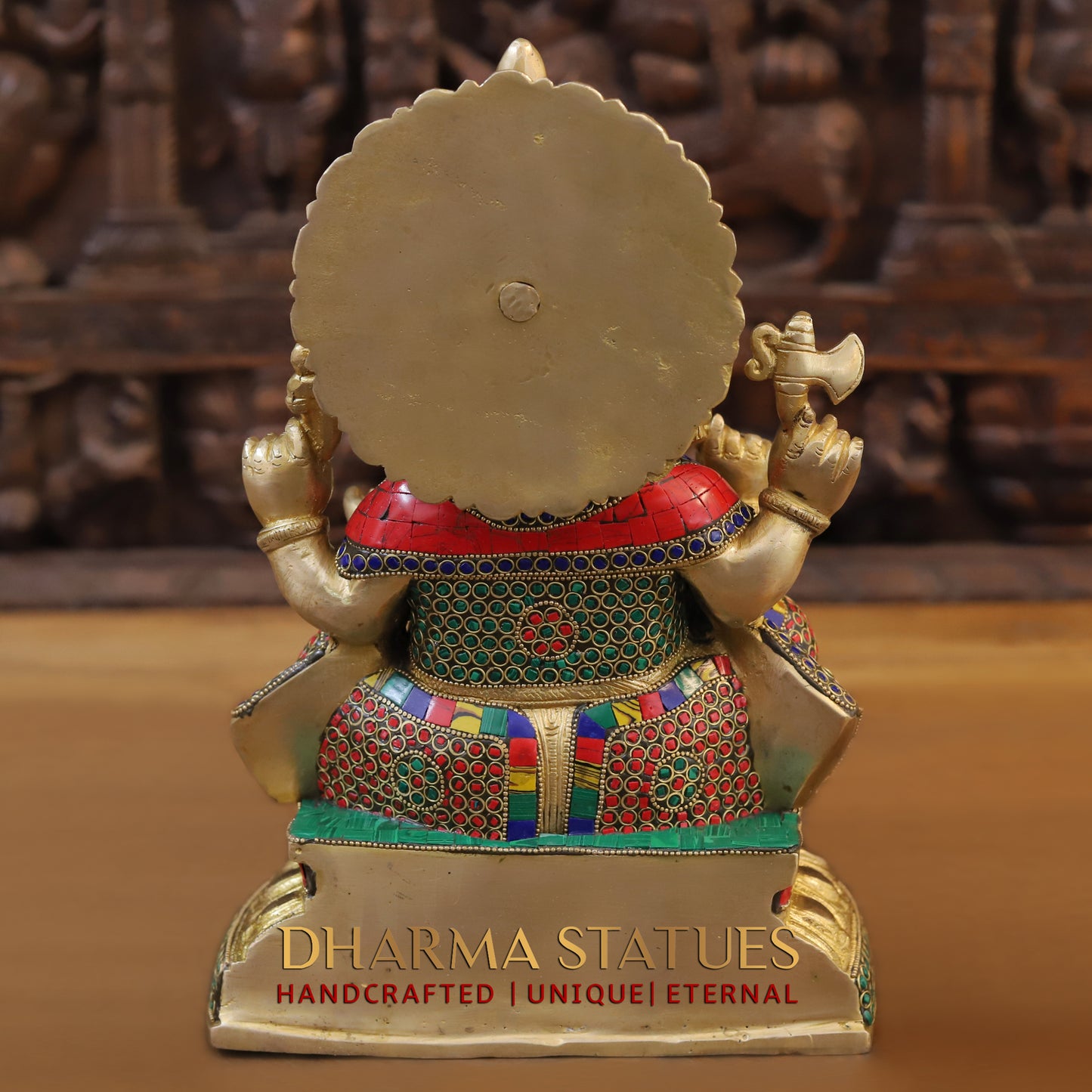 Brass Ganesh seated on Base, Golden & Stonework, 13"