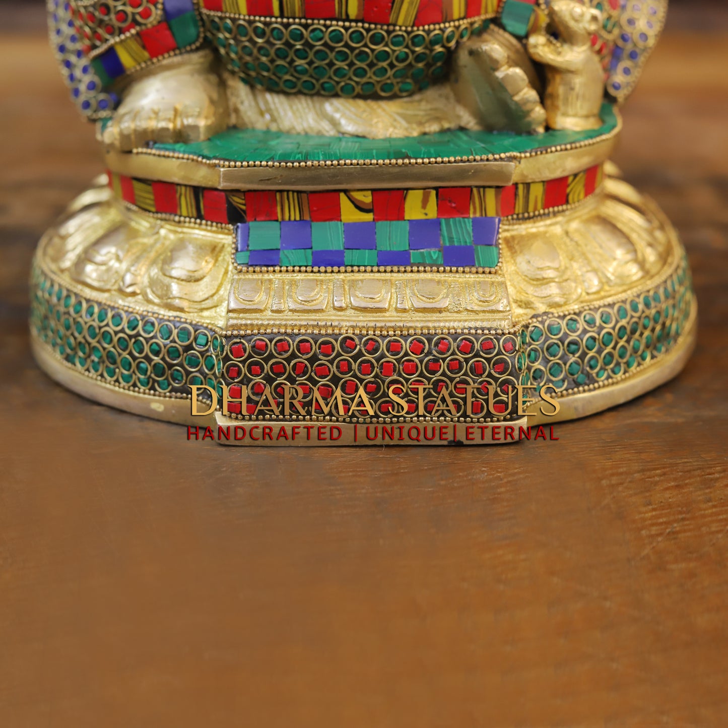 Brass Ganesh seated on Base, Golden & Stonework, 13"