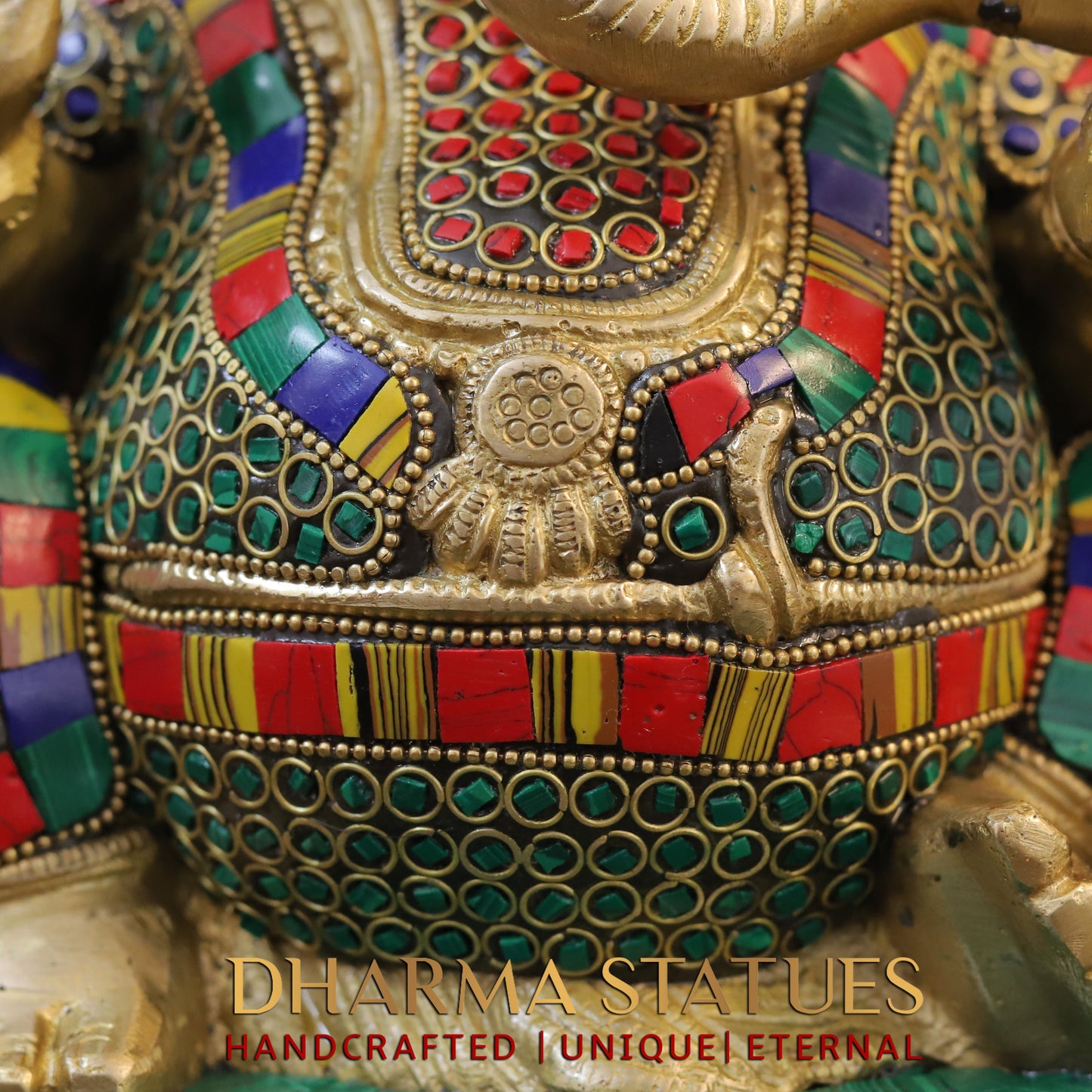 Brass Ganesh seated on Base, Golden & Stonework, 13"