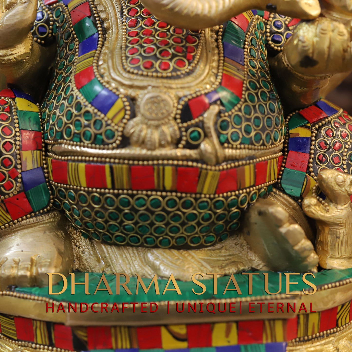 Brass Ganesh seated on Base, Golden & Stonework, 13"