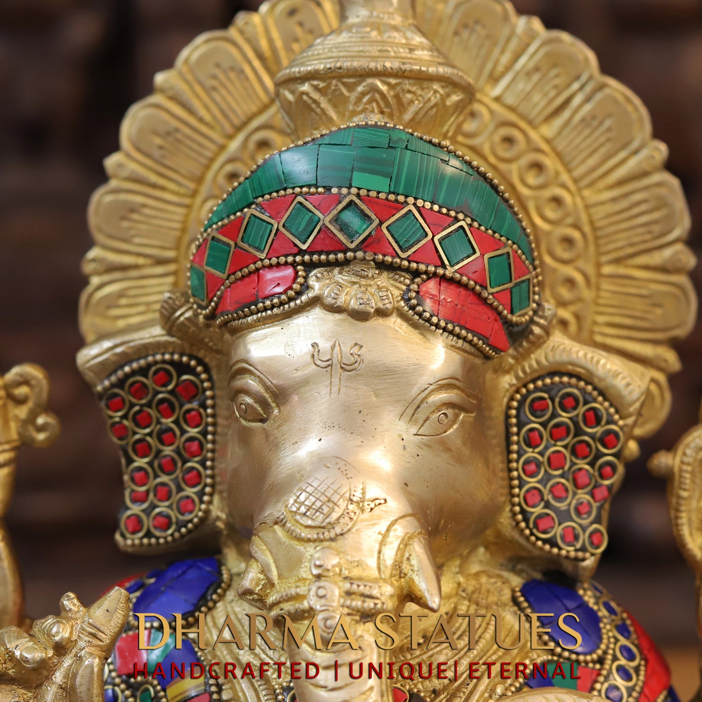 Brass Ganesh seated on Base, Golden & Stonework, 13"