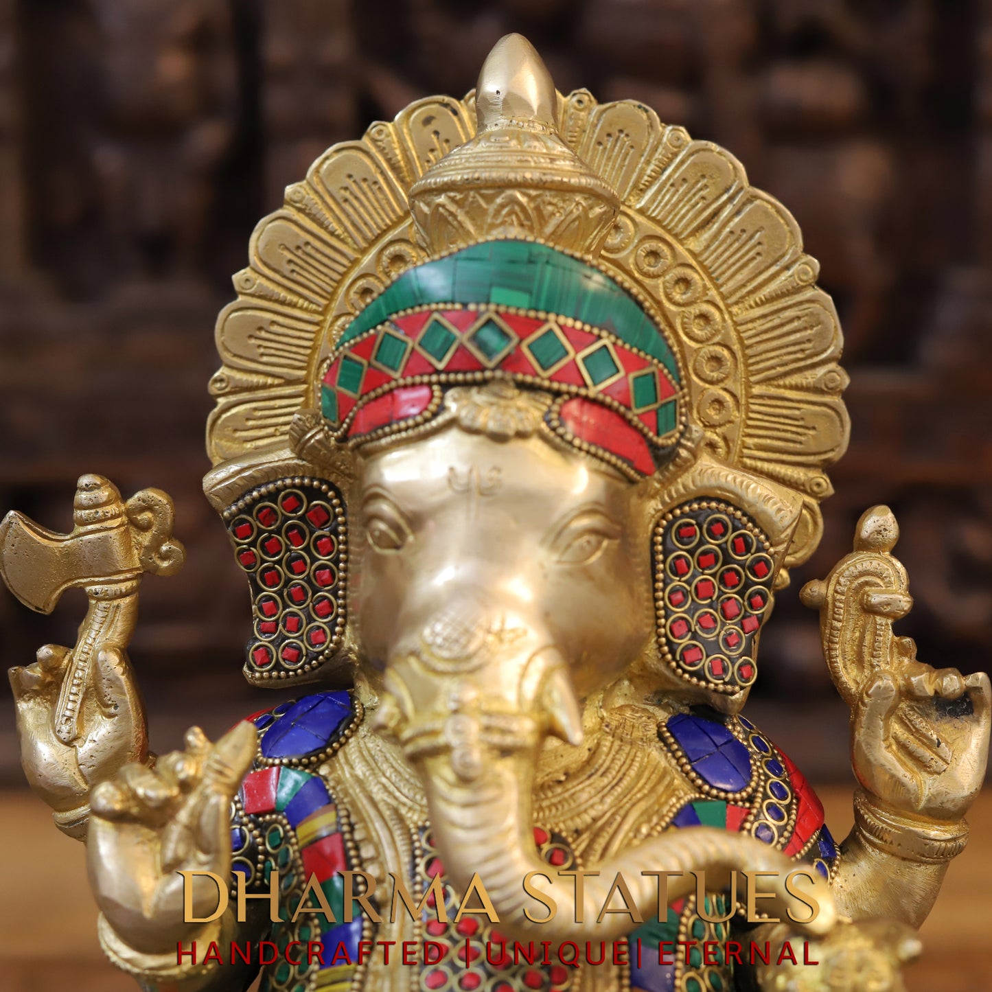 Brass Ganesh seated on Base, Golden & Stonework, 13"
