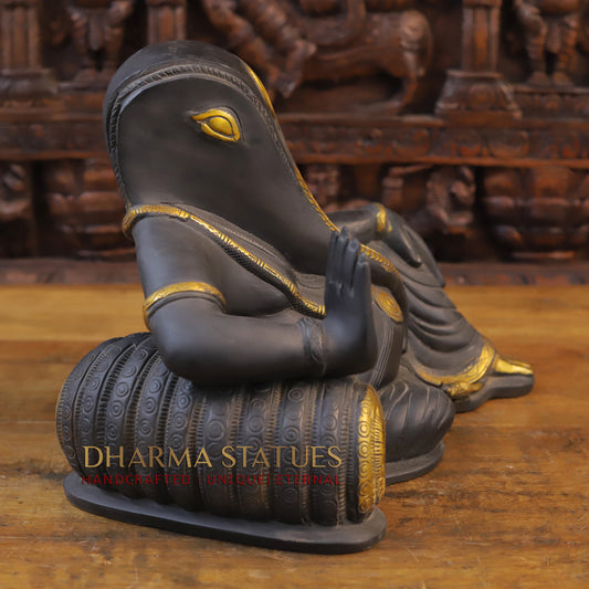 Brass Resting Ganesh Idol, Grey and Golden Finish, 11"