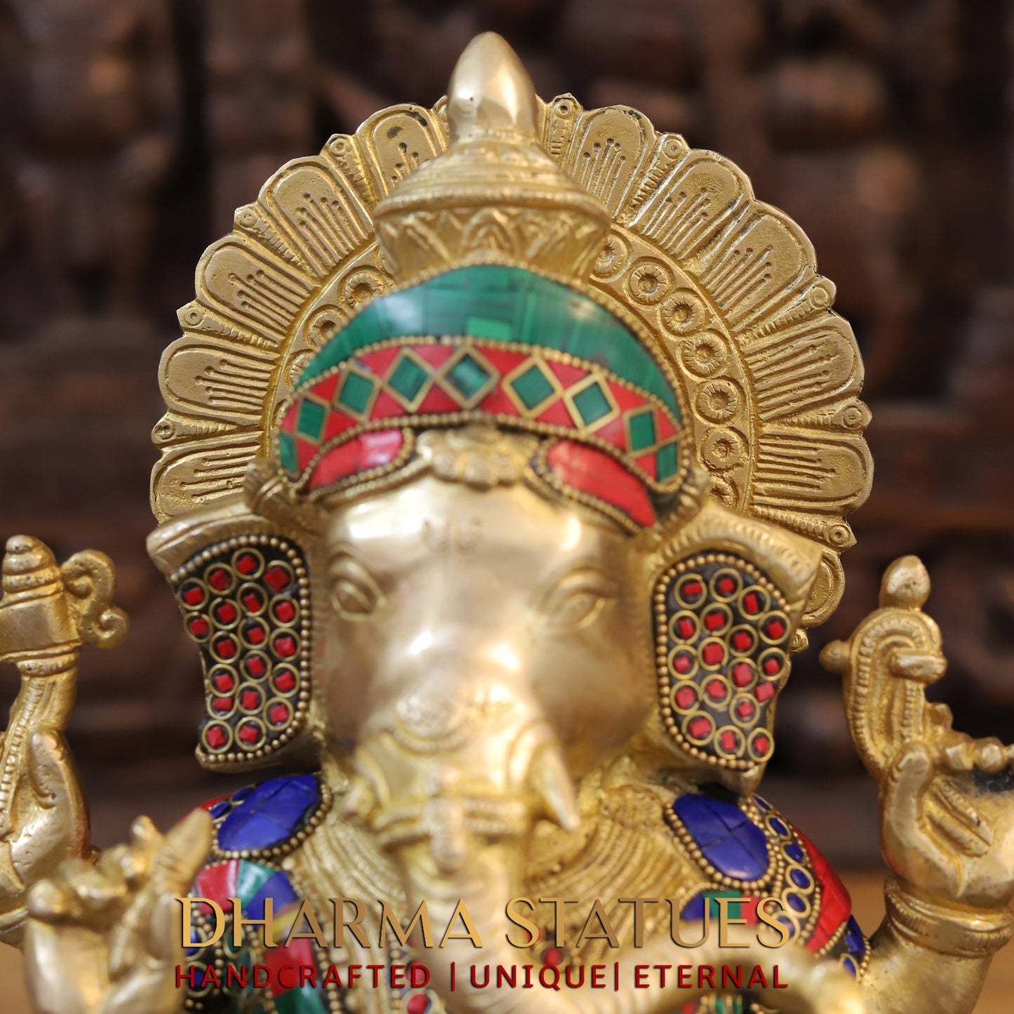 Brass Ganesh seated on Base, Golden & Stonework, 13"