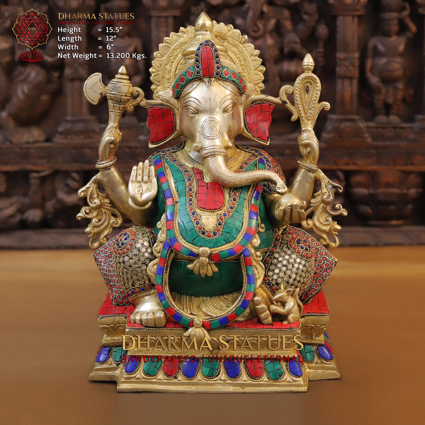 Brass Ganesh seated on Base, Blessing Posture, Golden & Stonework, 15.5"