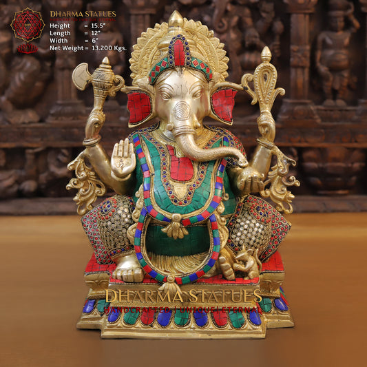 Brass Ganesh seated on Base, Blessing Posture, Golden & Stonework, 15.5"