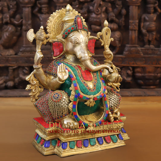Brass Ganesh seated on Base, Blessing Posture, Golden & Stonework, 15.5"