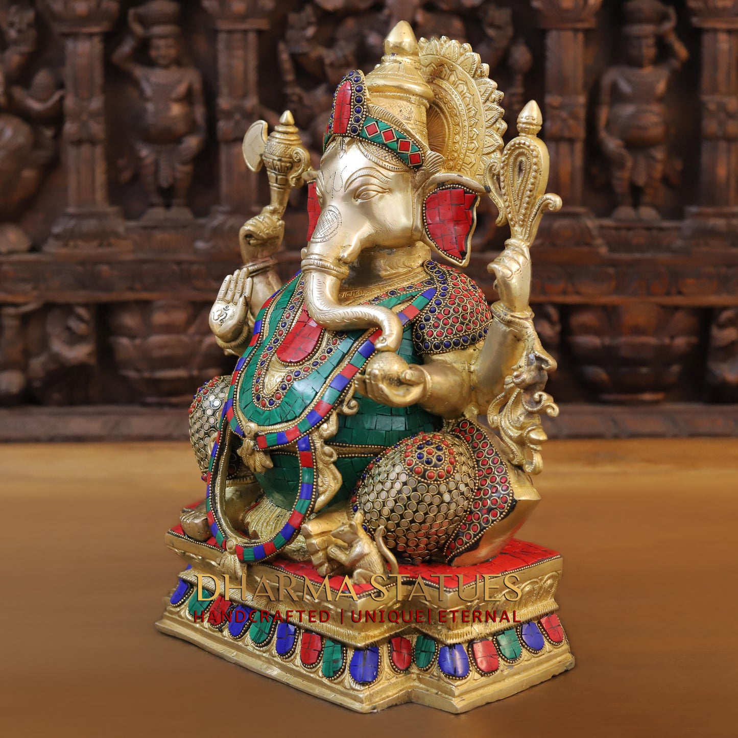 Brass Ganesh seated on Base, Blessing Posture, Golden & Stonework, 15.5"